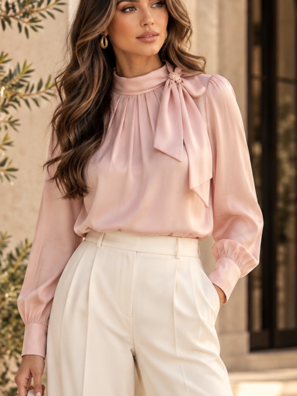SM261 | Elegant Side Bow Satin Blouse | Blush Pink